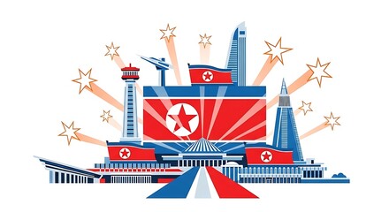 Obraz premium Stylized vector illustration of Pyongyang's cityscape, featuring famous architectural landmarks and the North Korean national flag.