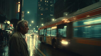 Fototapeta premium A lonely man, with his back turned, waiting for the bus. Life happens alone.