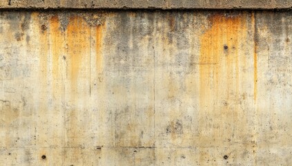 Weathered concrete wall with vertical rust streaks, showing age and discoloration, textured surface with embedded elements