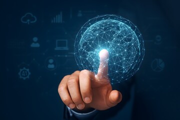 Global network technology concept with hand touching digital interface and data connection sphere