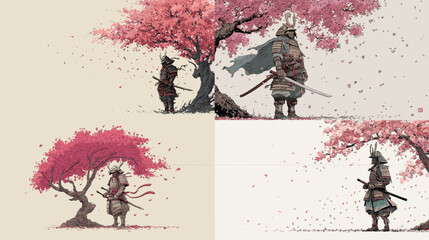 Elegant samurai illustrations under cherry blossom trees with falling petals—ideal for Japanese tradition, warrior themes, or poetic scenic artworks.

