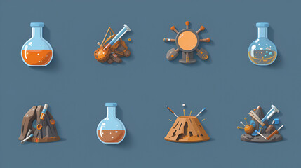 Science Icon Set. Solid, filled icons set of impact science and research: lab beaker, crater analysis,