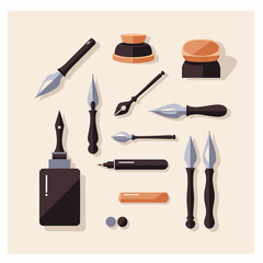 Obraz premium Calligraphy tools and accessories in flat style on light background 