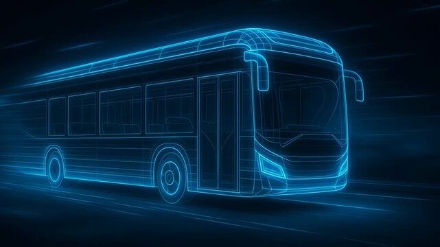 Electric bus innovation. Futuristic glowing blue bus vehicle with sleek outline and dynamic motion effect showcasing advanced public transportation
