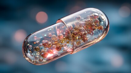 Futuristic translucent capsule floating against a blue medical backdrop with light refraction.