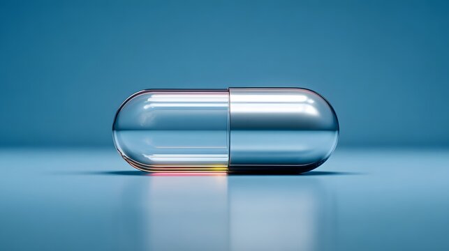 Futuristic translucent capsule floating against a blue medical backdrop with light refraction.