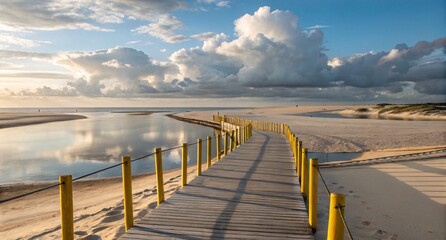 Obraz premium Serene Wooden Walkway to Tranquil Beach with Yellow Posts V2