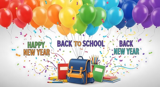 A festive back to school scene with balloons confetti and school supplies for a happy new year - Powered by Adobe