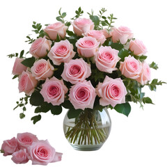 Obraz premium Pink roses bouquet with green leaves isolated on white background