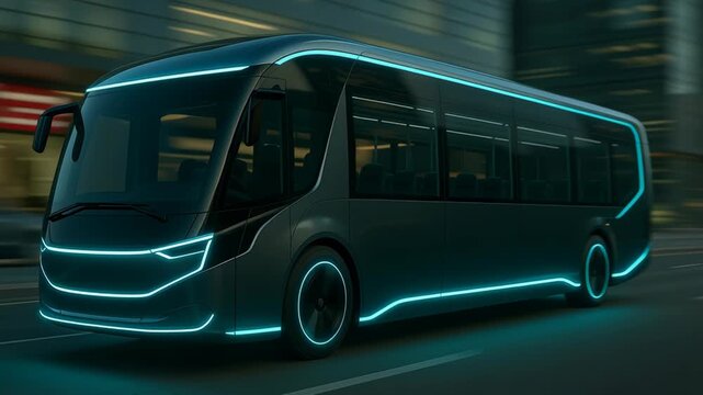 Electric bus innovation. Futuristic electric bus with glowing blue lights drives through city streets night showcasing modern public transport innovation
