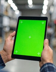Naklejka premium Tablet in hands, green screen