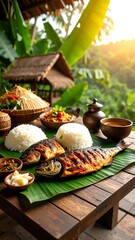 Grilled fish with rice and side dishes served outdoors on a wooden table