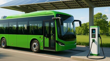 Electric bus innovation. Electric bus charging green station with solar panel roof showcasing clean energy concept and health care innovation vitamin c - Powered by Adobe