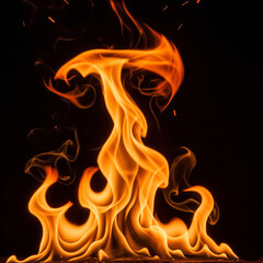 Vibrant, abstract flames of yellow, orange, and red blaze against a dark, isolated background, creating a mesmerizing and dangerous inferno