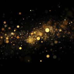 Elegant abstract golden bokeh background with sparkling particles and soft glowing lights on black backdrop
