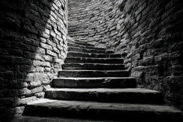 Stone staircase winding through ancient brick walls