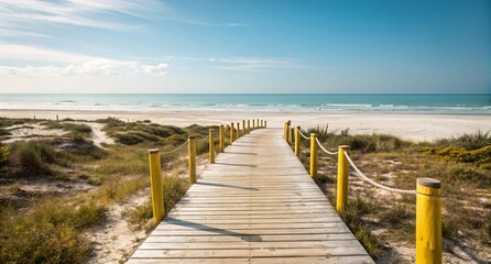 Obraz premium Serene Wooden Walkway to Tranquil Beach with Yellow Posts V5