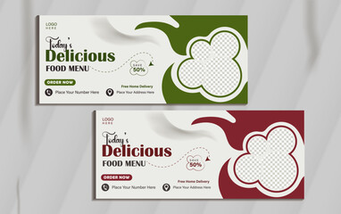 Fast food restaurant menu social media marketing web banner template design. Pizza, burger healthy food business online promotion flyer with abstract background, logo icon. Sale cover with mockup