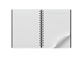 Isolated Top View of an Open Spiral Notebook with Lined Pages and a Curled Corner, Ready for Writing