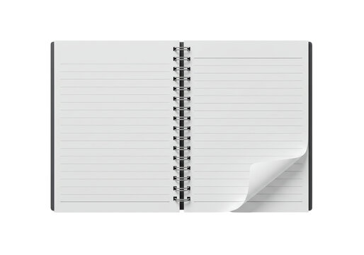 Isolated Top View of an Open Spiral Notebook with Lined Pages and a Curled Corner, Ready for Writing