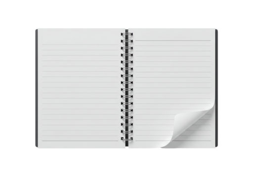Isolated Top View of an Open Spiral Notebook with Lined Pages and a Curled Corner, Ready for Writing