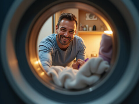 View from inside a washing machine shows smiling man loading laundry, warm lighting highlighting this everyday domestic moment. - Powered by Adobe