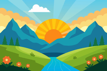 Fototapeta premium Vibrant mountain landscape with sunrise and river