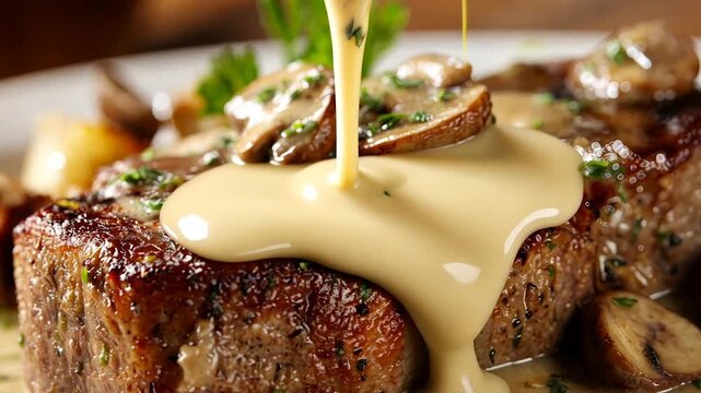 Grilled Steak with Cream Sauce and Vegetables
