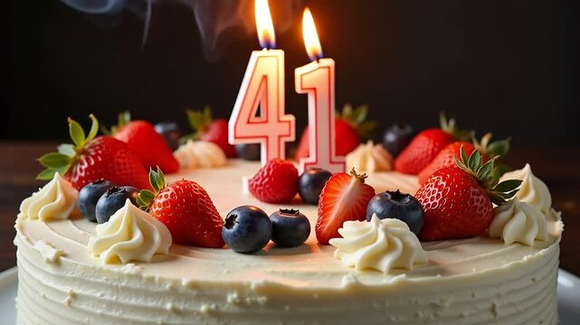 Celebrate 41 years with this sweet birthday cake video moment! Delicious cake, candles, and berries.