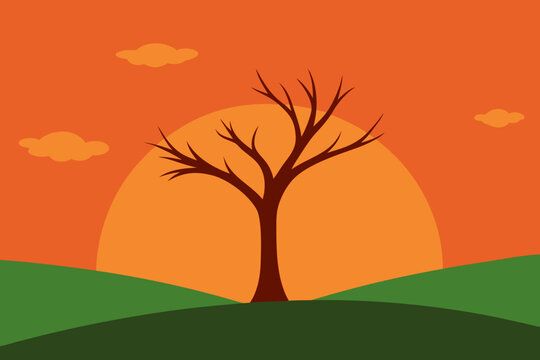 Bare tree silhouette against a vibrant orange sunset with rolling hills and clouds