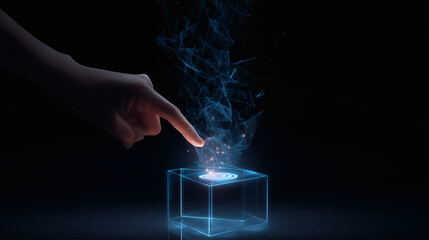 A tablet projects a hologram of simple, abstract lines and dashes (representing code) flowing into a central, glowing processing cube. A single, clean, finished application icon emerges from the other