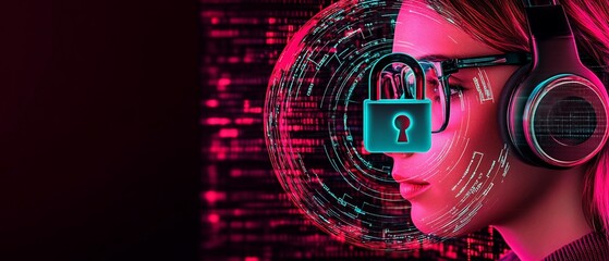Fototapeta premium Cybersecurity A woman, headphones on, a glowing padlock superimposed on her face, surrounded by digital code