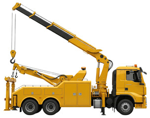 Heavy Duty Yellow Tow Truck with Crane Arm and Winch isolated on transparent background