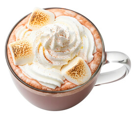 Hot chocolate drink topped with whipped cream and marshmallows isolated on transparent background