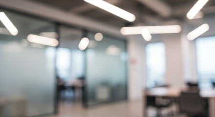 Fototapeta premium Blurred Modern Office Interior with Bright Linear Lighting and Glass Walls.