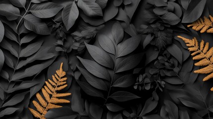 Dark foliage backdrop with golden fern accents