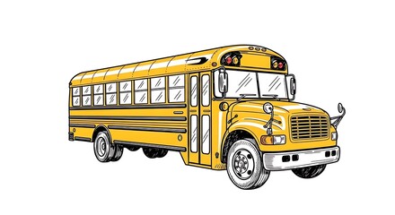 A drawn illustration of a yellow school bus with black outlines on a white background in a cartoon style