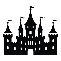Obraz premium Majestic Castle Silhouette Against White Backdrop Perfect for Fairy Tales and Fantasy Illustrations
