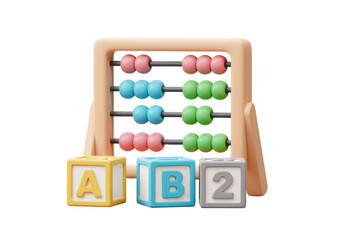 Isolated 3D illustration of a colorful wooden abacus with ABC and number blocks