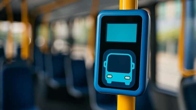 Electric bus innovation. Bus card reader and ticket validator on yellow pole inside public transport vehicle showing blue bus icon with blurred background