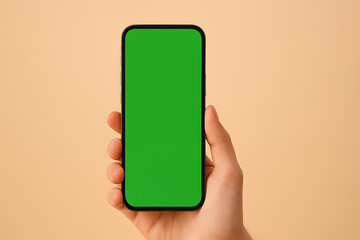 Hand Holding a Smartphone with a Green Screen Display