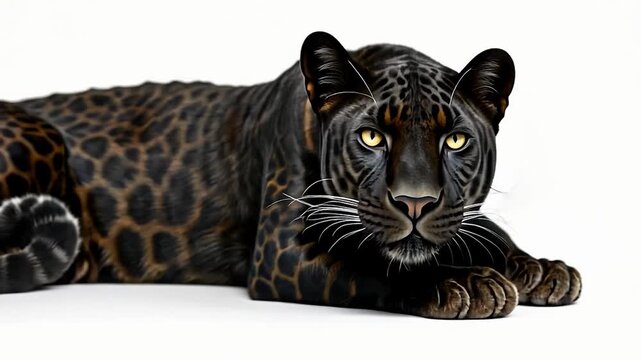 Majestic Black Panther Resting with Intense Gaze on White Background