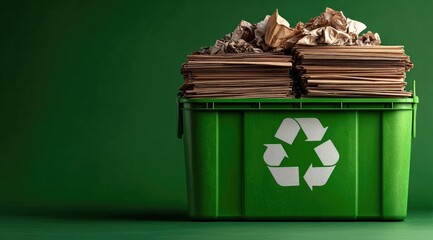 Green recycling bin filled with paper waste against a green background
