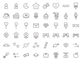 かわいいアイコンセットのベクターイラスト。飾り、ハート、お菓子、星、リボン