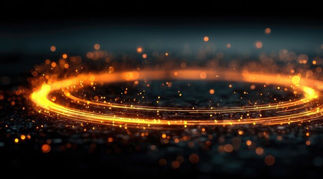 Glowing orange ring of light on dark background, surrounded by sparkling particles