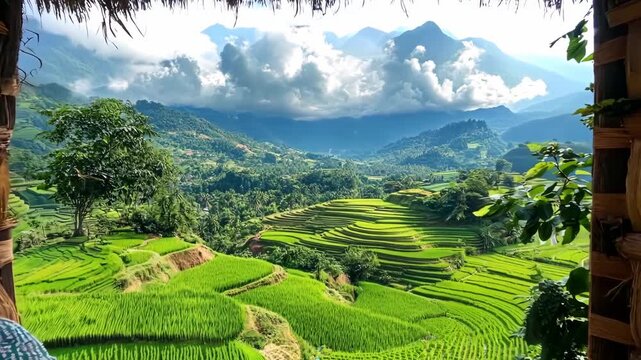 A view of a green rice field from a hut