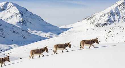 A serene journey of donkeys traversing snowy mountain landscapes under blue sky
