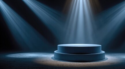 Dark stage with two-tiered platform illuminated by spotlights