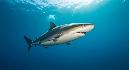 Fototapeta premium Majestic shark gracefully swimming in the crystal-clear blue ocean waters with sun rays