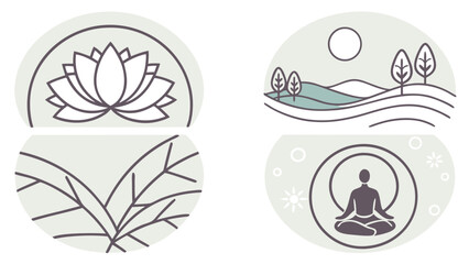 Four circular emblems depicting nature wellness and spiritual growth with minimalist line art and a calming color palette